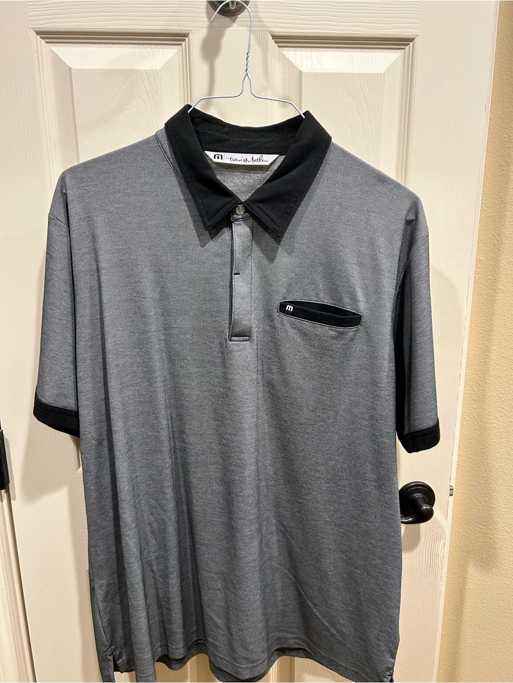 Travis Mathew Grey Polo with Black Collar and Pocket Trim